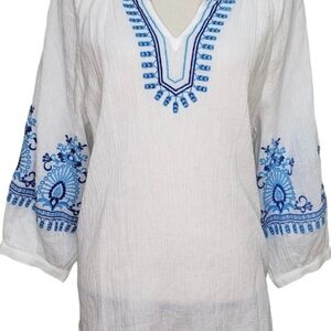 Talbots White Tunic with Blue Embroidery